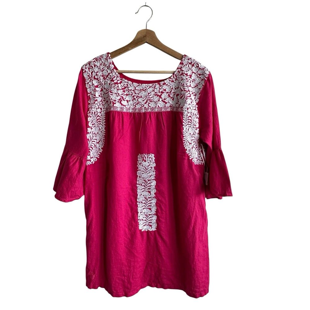 NWT J Marie Devy Dress Sz M embroidered Linen Blend Pink Pockets Bell Sleeves